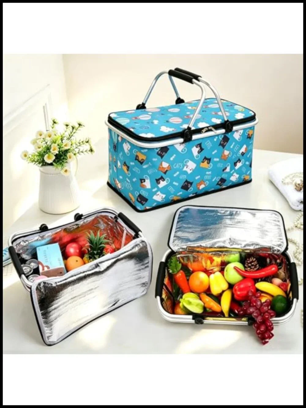 Insulated Collapsible Picnic Basket Grocery Bag with Aluminum Frame, Leak-Proof
